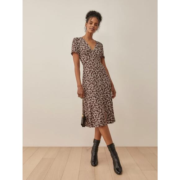 Reformation Brown White Floral Locklin Slit Midi Dress Size 2 - Picture 1 of 8